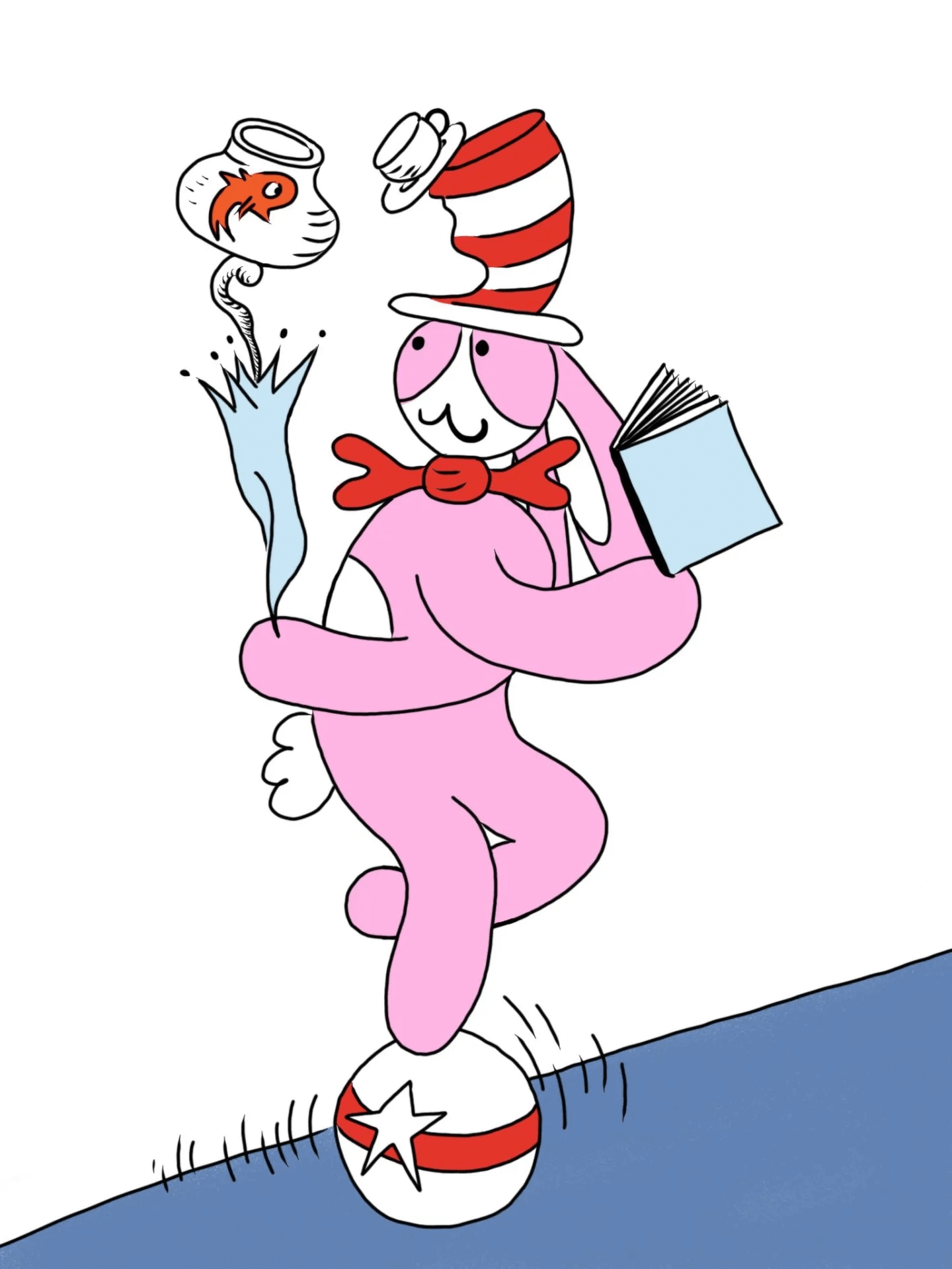 Illustration of a pink bunny, in the style of Doctor Seuss. He&#39;s balancing on a ball, wearing striped stove pipe hat. In one hand he&#39;s balancing an umbrella on his paw and a goldfish bowl is balancing on the umbrella. In the other hand he is holding a book