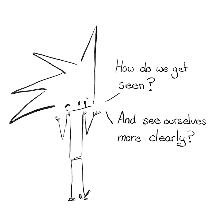 illustration of a spiky haired character called Little Liz, she says &quot;How do we get seen? And see ourselves more clearly?