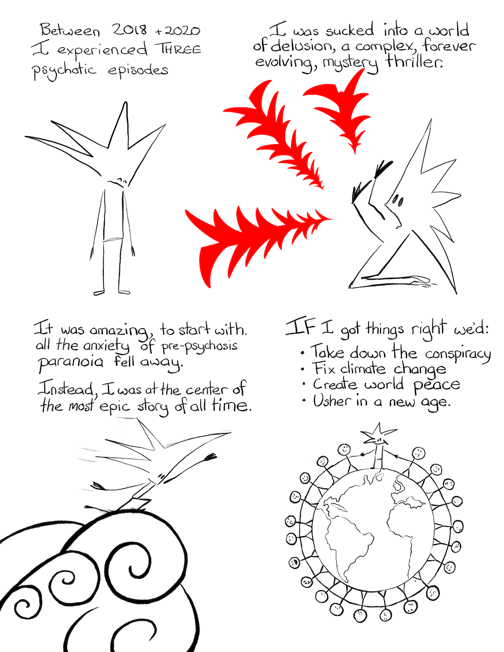 Cartoon transcript. Between 2018 and 2020 I experienced THREE psychotic episodes. I was sucked into a world of delusion, a complex, forever evolving mystery thriller. It was amazing, to start with. All the anxiety of pre-psychosis paranoia fell away. Instead I was at the center of the most epic story of all time. If I got things right we&#39;d: Take down the conspiracy; fix climate change; create world peace; usher in a new age.