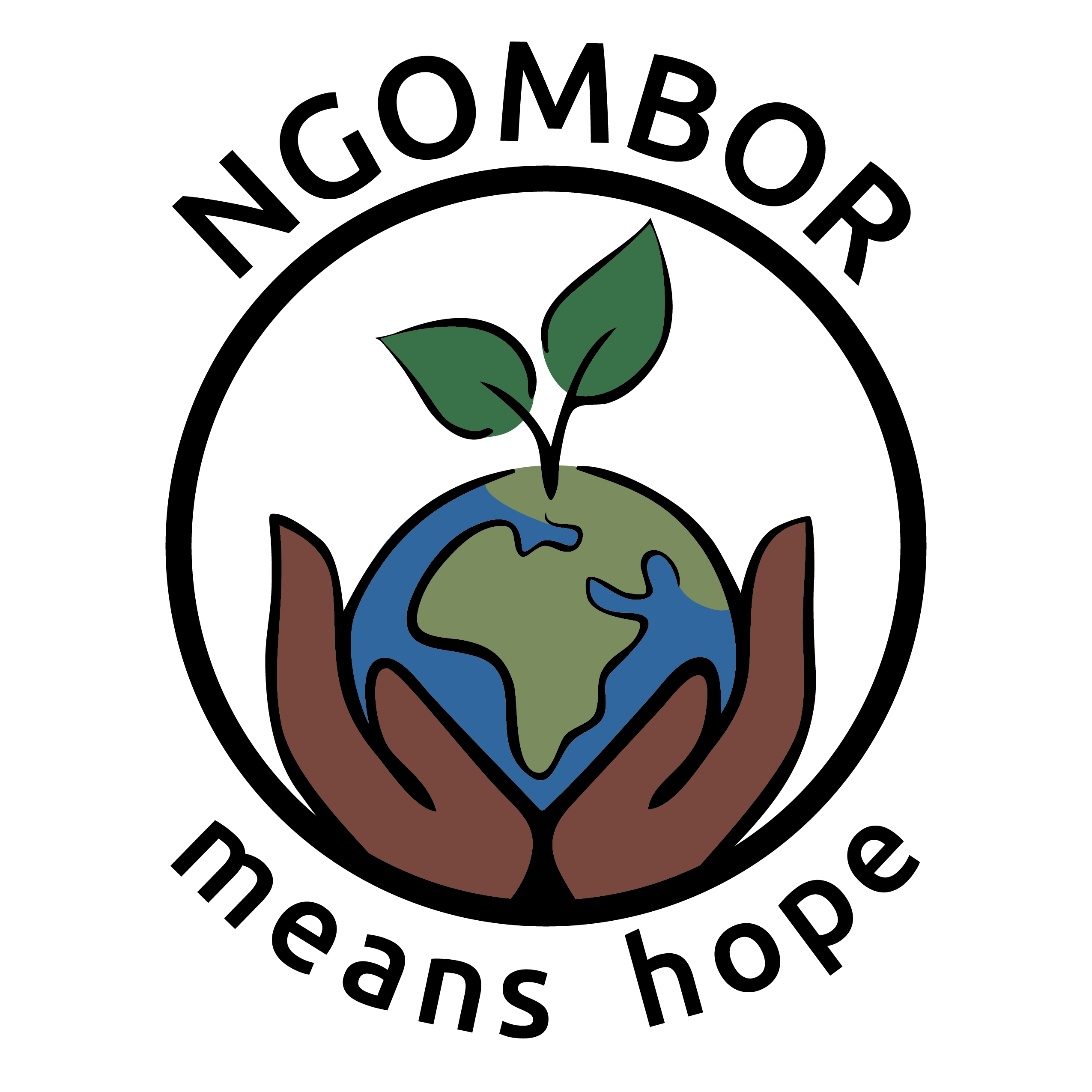 Ngombor logo. A pair of hands holding the earth with a sprout emerging from the top. The globe has the side with Africa showing. Around the image we see "Ngombor means hope." The font used is Ubuntu.